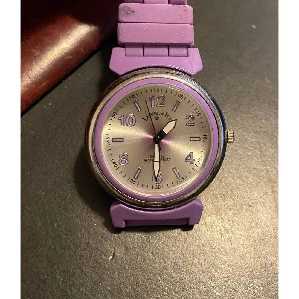 Women's Silver Tone Lueur De Ice Watch, Purple Poly Band and Bezel
